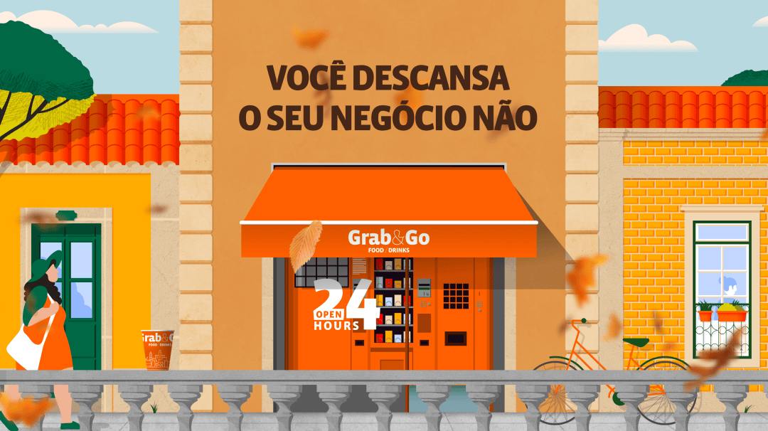 Illustrated storefront of a Grab&Go vending machine with a bright orange awning, set within a charming building facade. The slogan 'VOCÊ DESCANSA O SEU NEGÓCIO NÃO' (You rest, your business doesn't) is displayed prominently above. The scene includes details like a tree, bicycles, and falling autumn leaves, evoking a cozy neighborhood atmosphere.