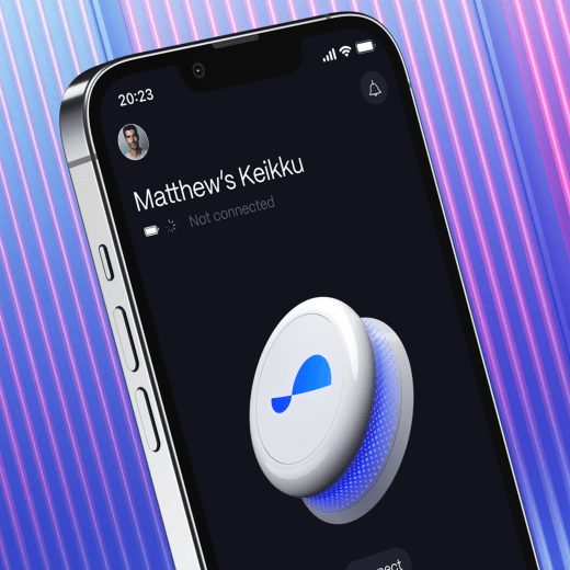 Smartphone screen displaying an application interface for a device named 'Matthew's Keikku,' which is currently not connected. The screen shows a circular device with a blue and white design, possibly indicating a smart home device. The time displayed on the phone is 20:23, and there is a small profile picture icon at the top left corner. The background features a gradient of blue and purple lines, giving it a modern and sleek appearance.