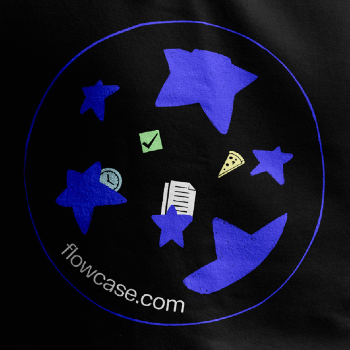 Circular design on a black background containing various elements: multiple blue stars, a green checkmark inside a green square, a slice of pizza, a clock, and a piece of paper with text. The text 'flowcase.com' is written at the bottom.