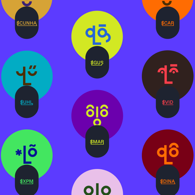 A grid of nine circular icons, each featuring a unique face-like design with varying colors and facial expressions. The background is a solid blue. The icons are labeled beneath with stylized text and a dollar sign prefix. The labels are: $CUNHA, $GUS, $CAR, $UHL, $MAR, $VID, $XPM, $OLO, and $DINA.