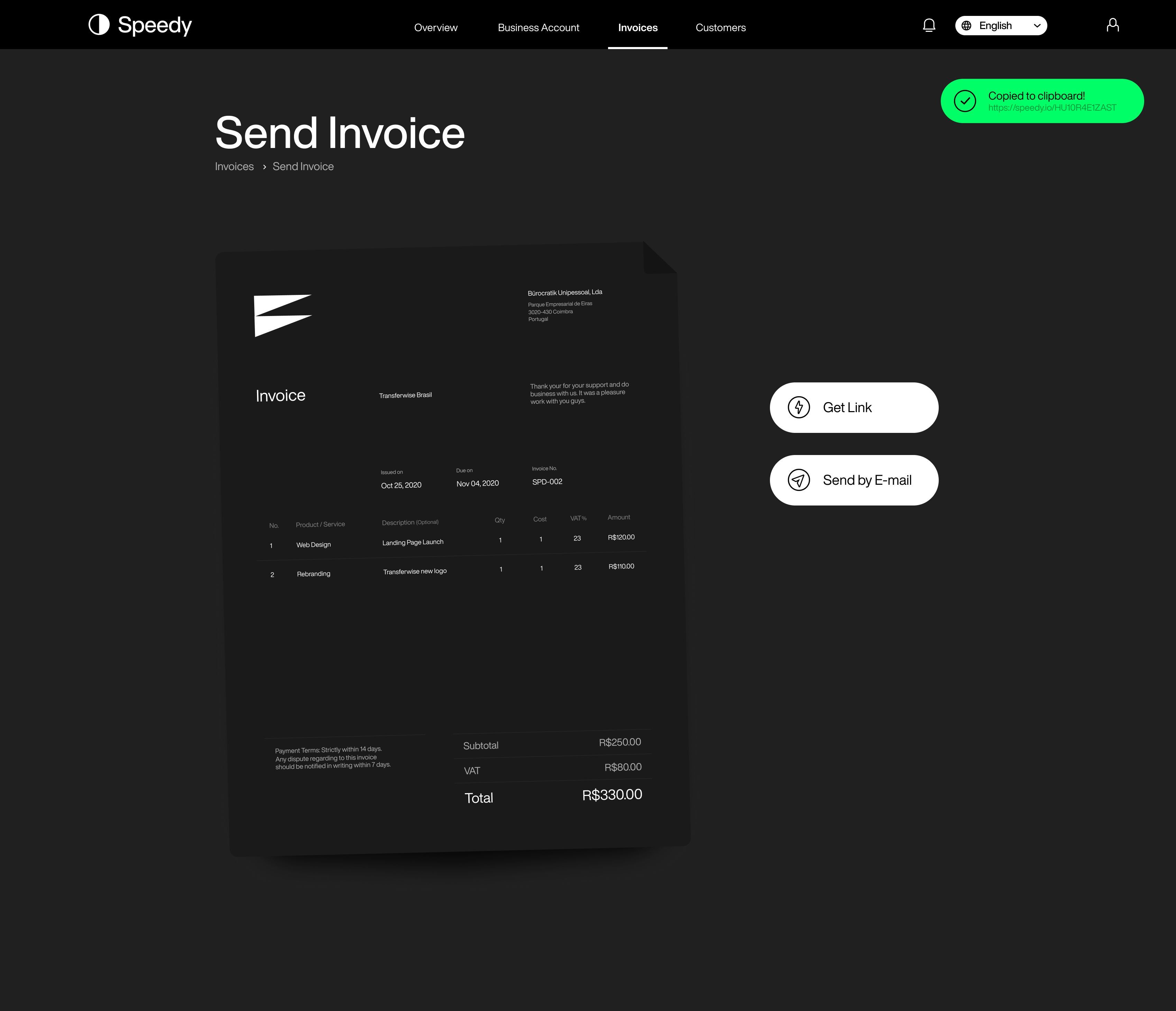 Speedy dashboard invoice